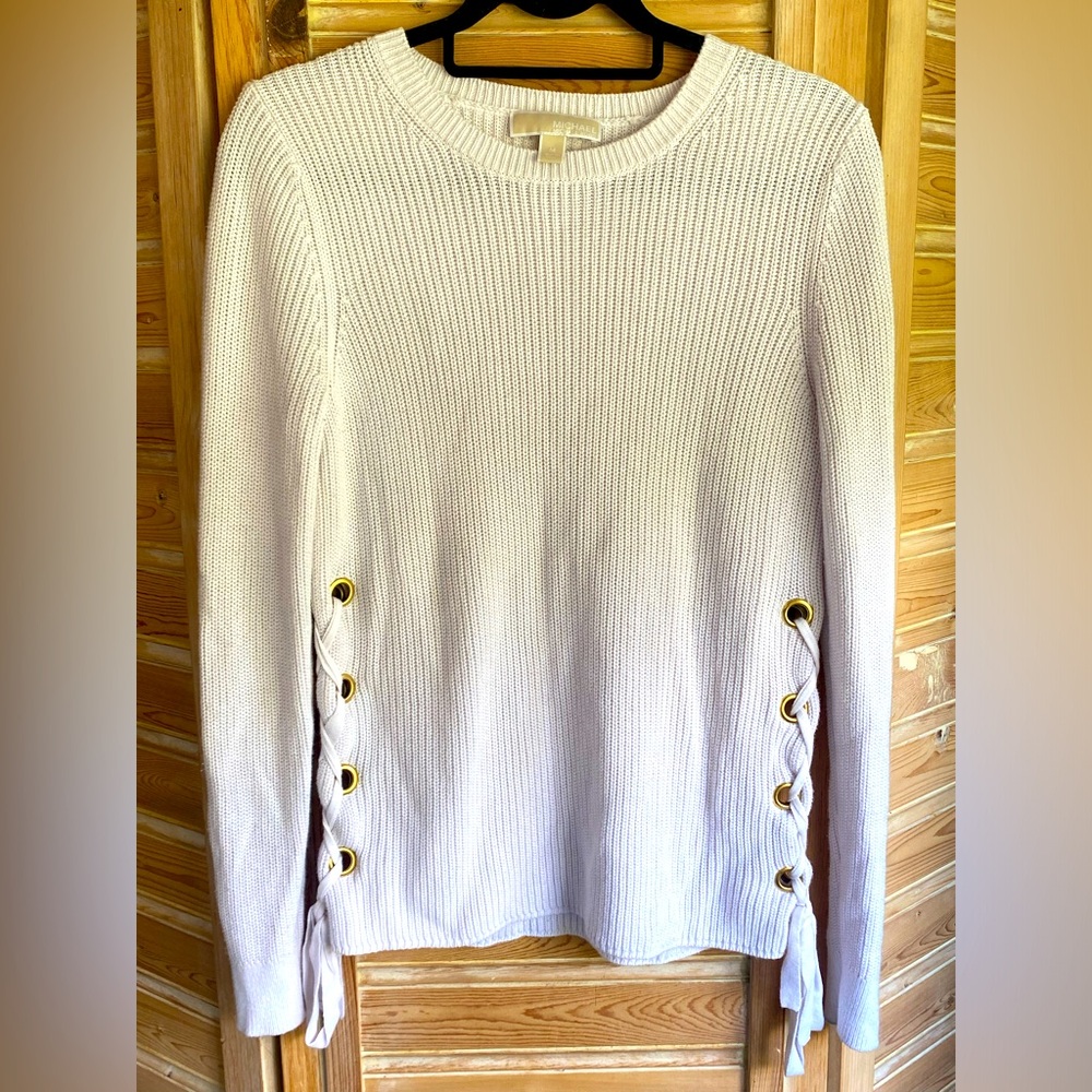 Michael Kors Womens Sweater White Knit Grommet Ties Pullover